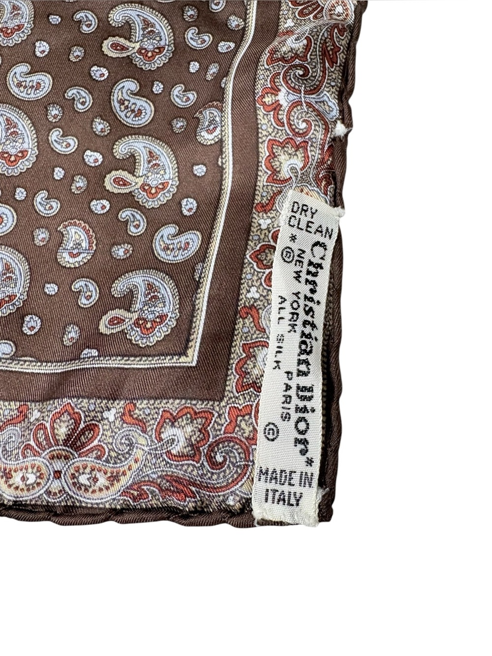VTG Dior Christian Dior Brown Paisley Pure Silk Small Square Pocket Scarf 17x17 - Picture 2 of 6